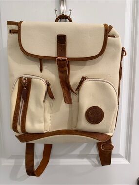 Cream Canvas Backpack with Brown Leather Trim - Casual Men’s Pack